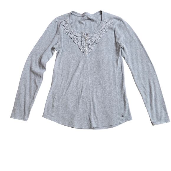 Eddie Bauer Womens Vintage Y2K Preppy Boho Floral Lace Waffle Knit Henley Top M - Picture 1 of 9